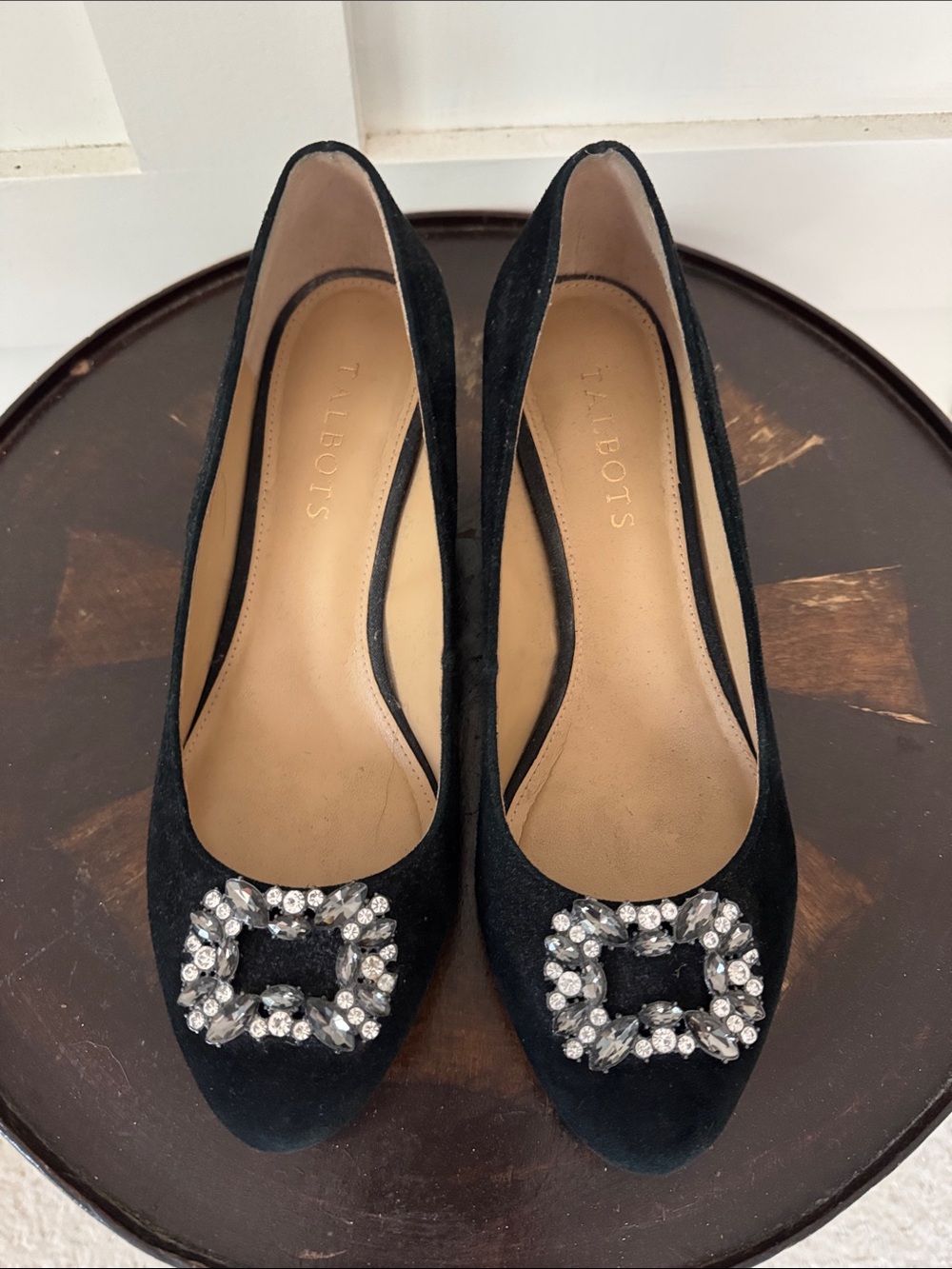 Talbots Vintage Black Suede Jewel-Embellished Wedge